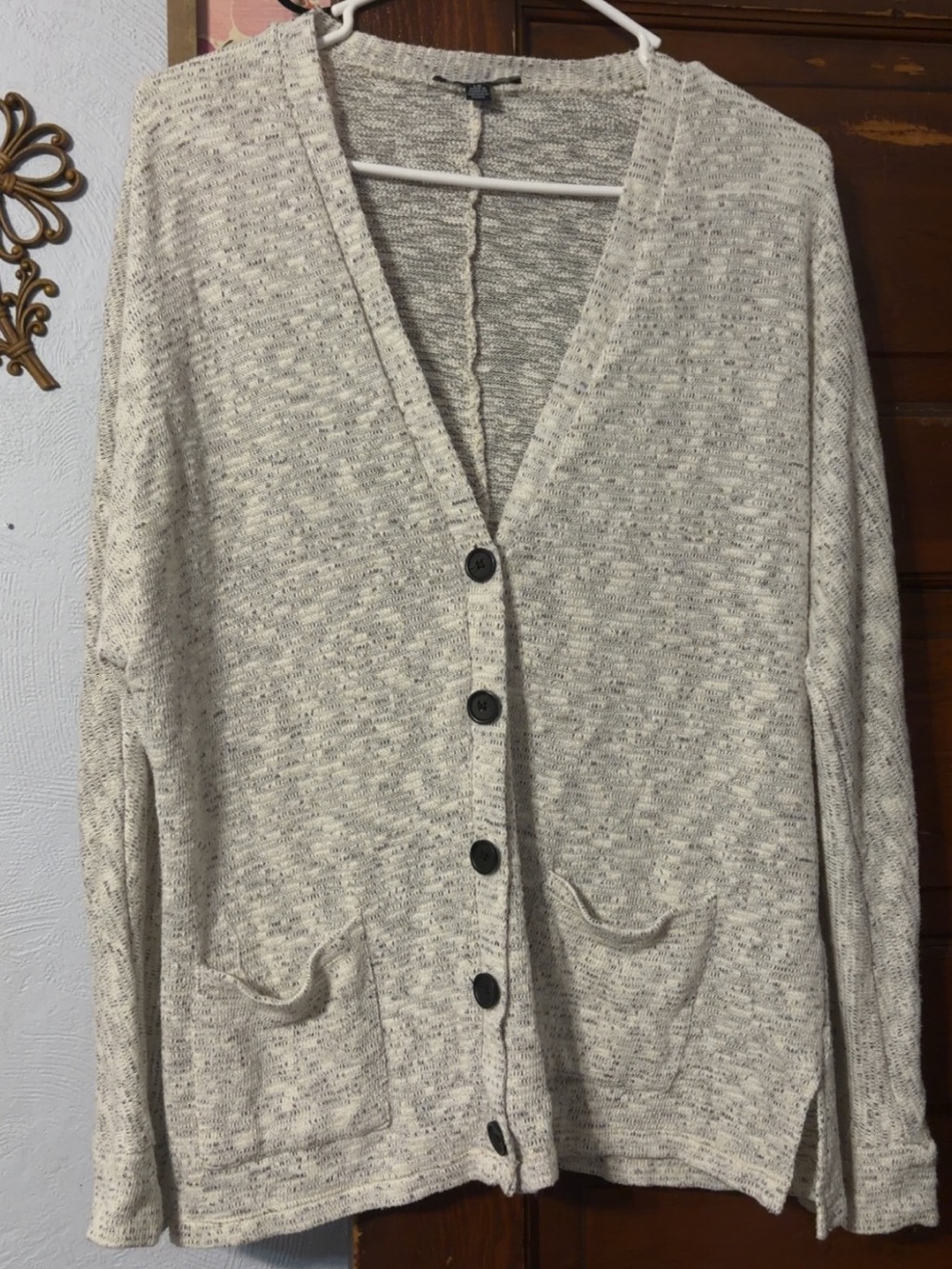 American Eagle Outfitters Marled Cream and Gray Button-Front Cardigan